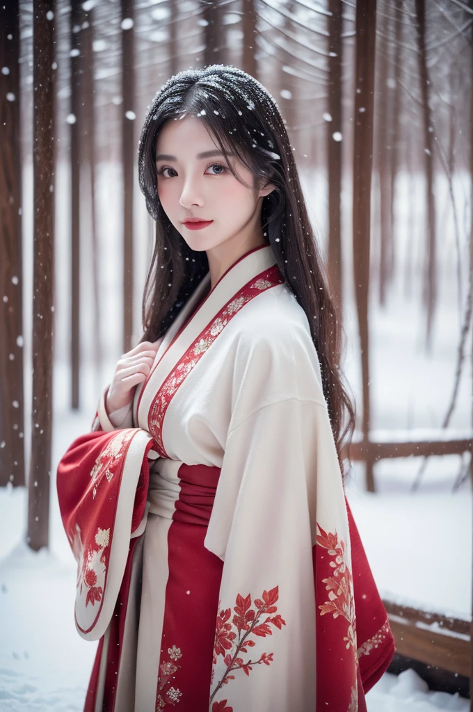 (realism), (Top image quality), (Ultra-high resolution), 8K, Original Photography, (masterpiece), (From head to calves:1.5)、(Best quality details)，1 girl、Very detailed、High quality textures、Intricate details、Very detailed的CG、High quality shadows，Depth of Field、Ray Tracing,joy，sit down，charming, Slender, (Red gorgeous kimono)，(Beautiful flower kimono),Real hair, Ultra-realistic skin texture, Dynamic poses,(A faint smile),Japanese Garden,(暴风snow，covered with snow，snow，outdoor)