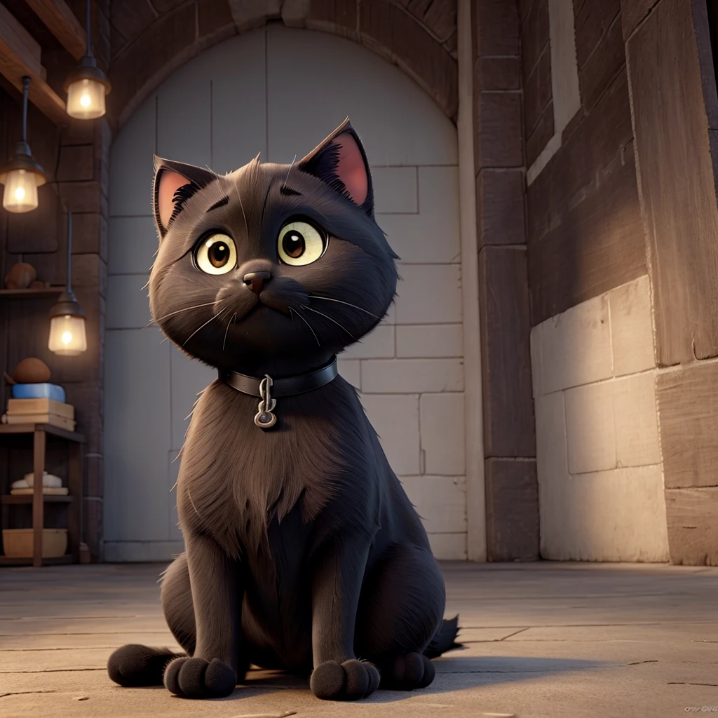 Cute black cat Eyes are plump Looking up
