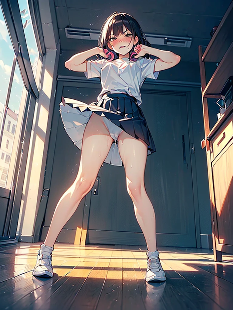 (((((Dildo on the floor:1.5, standing, spread legs:1.5, Point your knees outwards:1.5 ) behind head, Push your hips forward,pussy juice , Voluptuous body, Slut、No pants, (Dildo on the floor, standing, spread,arms behind head, Point your knees outwards:1.5, Sweat, Angle from below)))), Realistic composition, Doujinshi scene,, Big Thighs, Pleated skirt, White Shirt, Angry face, blush, from below

