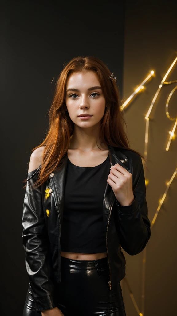 (((Masterpiece))), 25-year-old Caucasian French girl with shoulder-length messy red hair, adorned with  crystal glow, blooming hair akin to . Certainly!

he is holding an open A4 sheet of paper, wearing a black leather jacket, yellow top, black leggings, black background