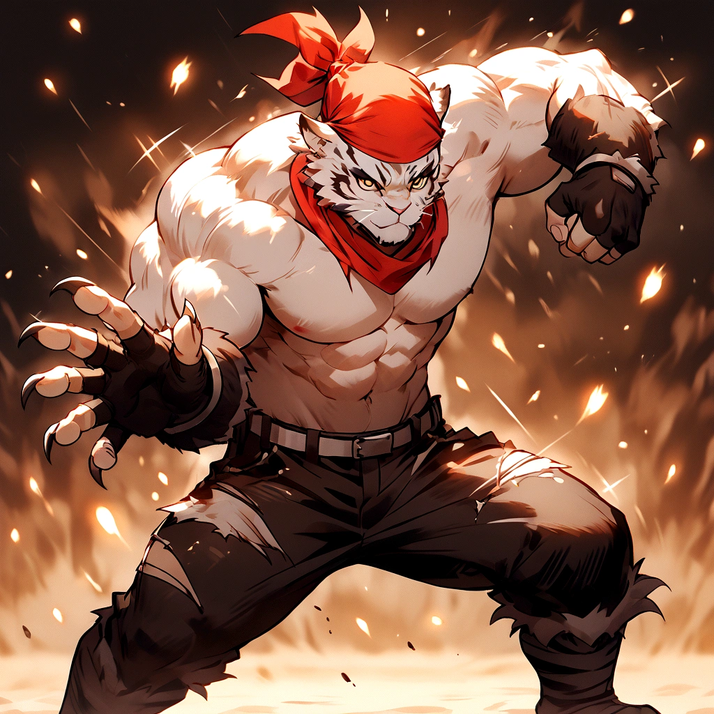 An athletic, muscular anthro white tiger wearing torn jeans and no shirt, wearing fingerless gloves, wearing a red bandana, in a fighting pose, has wolverine claws