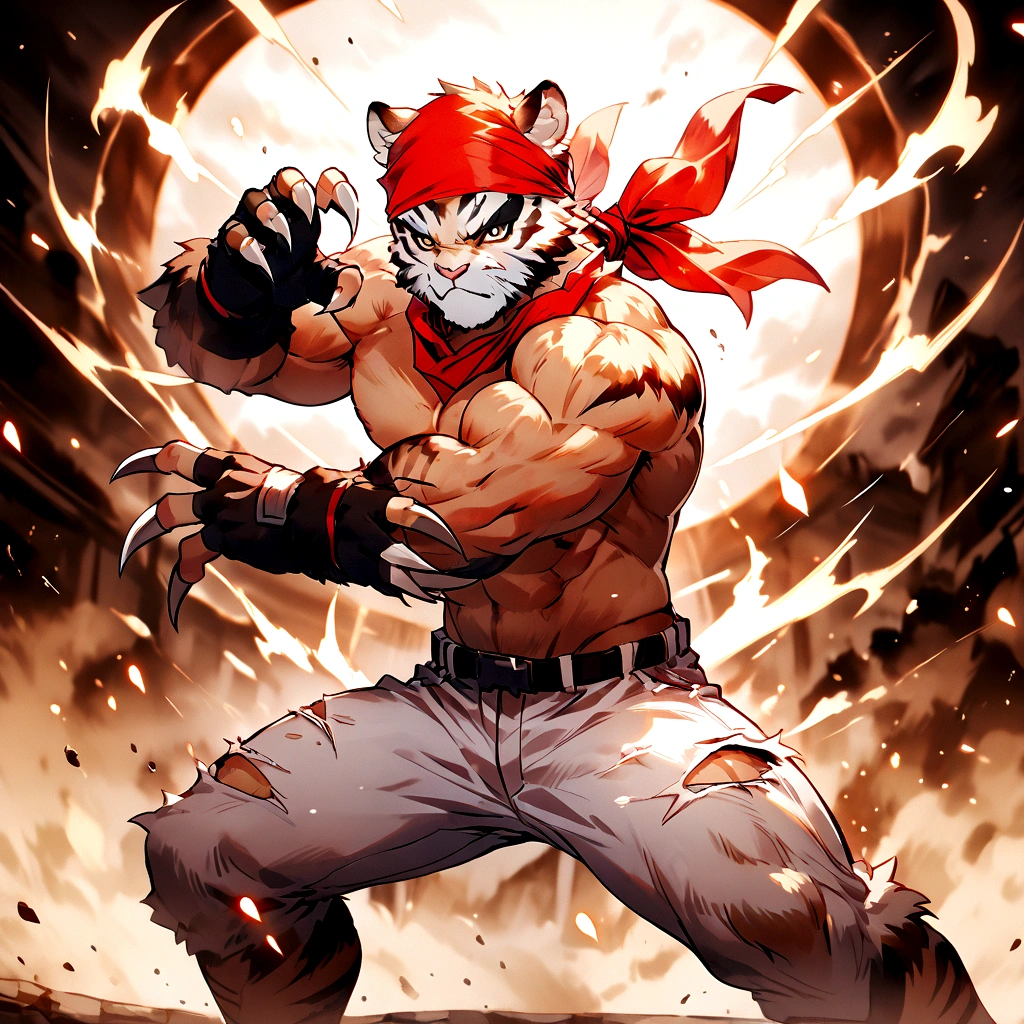 An athletic, muscular anthro white tiger wearing torn jeans and no shirt, wearing fingerless gloves, wearing a red bandana, in a fighting pose, has wolverine claws