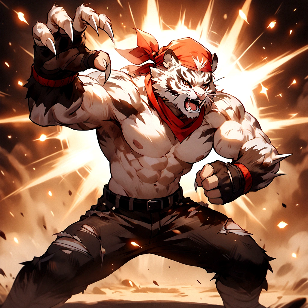 An athletic, muscular anthro white tiger wearing torn jeans and no shirt, wearing fingerless gloves, wearing a red bandana, in a fighting pose, has wolverine claws