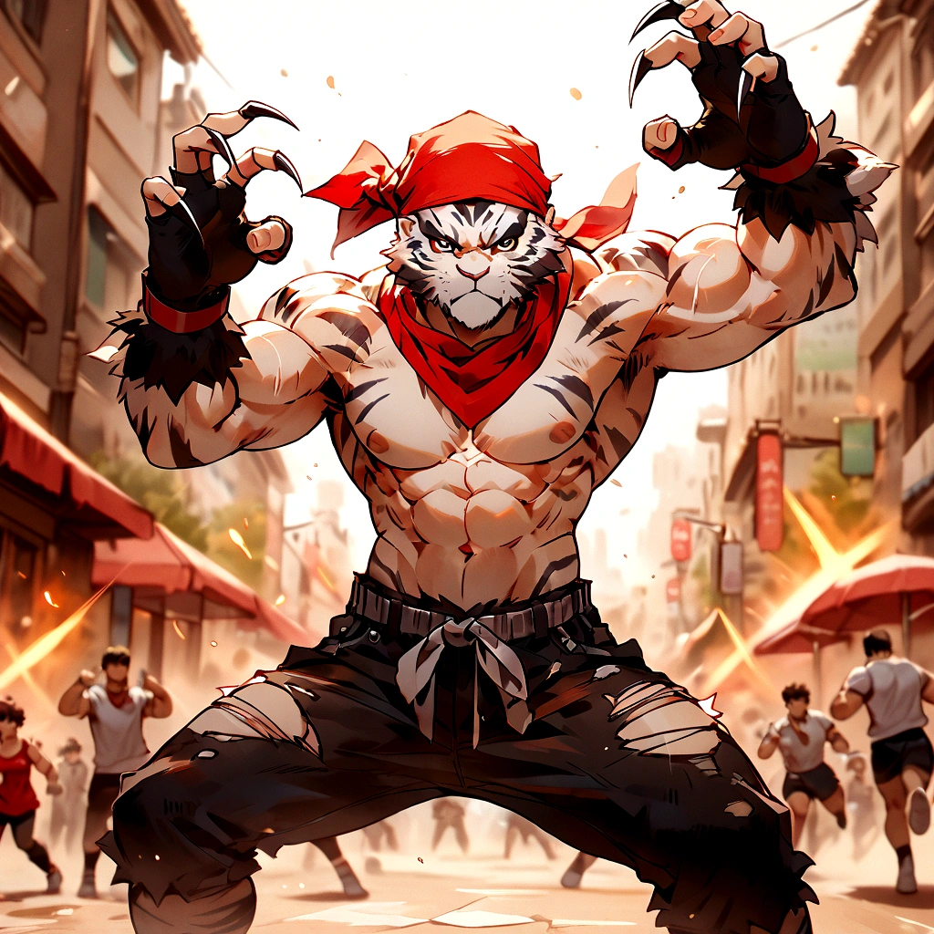 An athletic, muscular anthro white tiger wearing torn jeans and no shirt, wearing fingerless gloves, wearing a red bandana, in a fighting pose, has wolverine claws