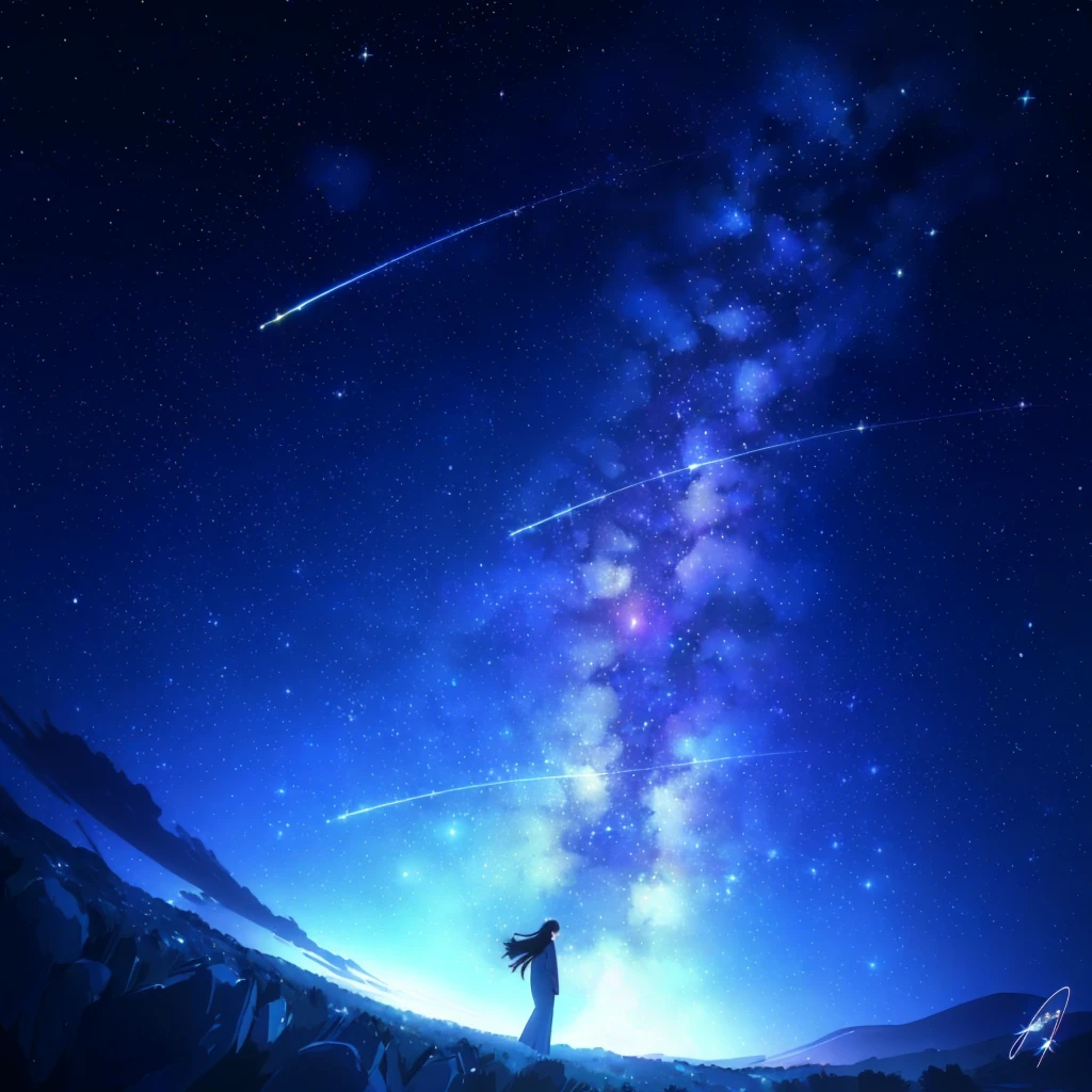 starry night sky with a person standing on a hill looking at the stars, cosmic skies. by makoto shinkai, star(sky) starry_sky, anime movie background, 4k anime wallpaper, starry sky 8 k, beautiful wallpaper, starry sky, amazing wallpaper, anime wallpaper 4k, anime wallpaper 4 k, makoto shinkai!