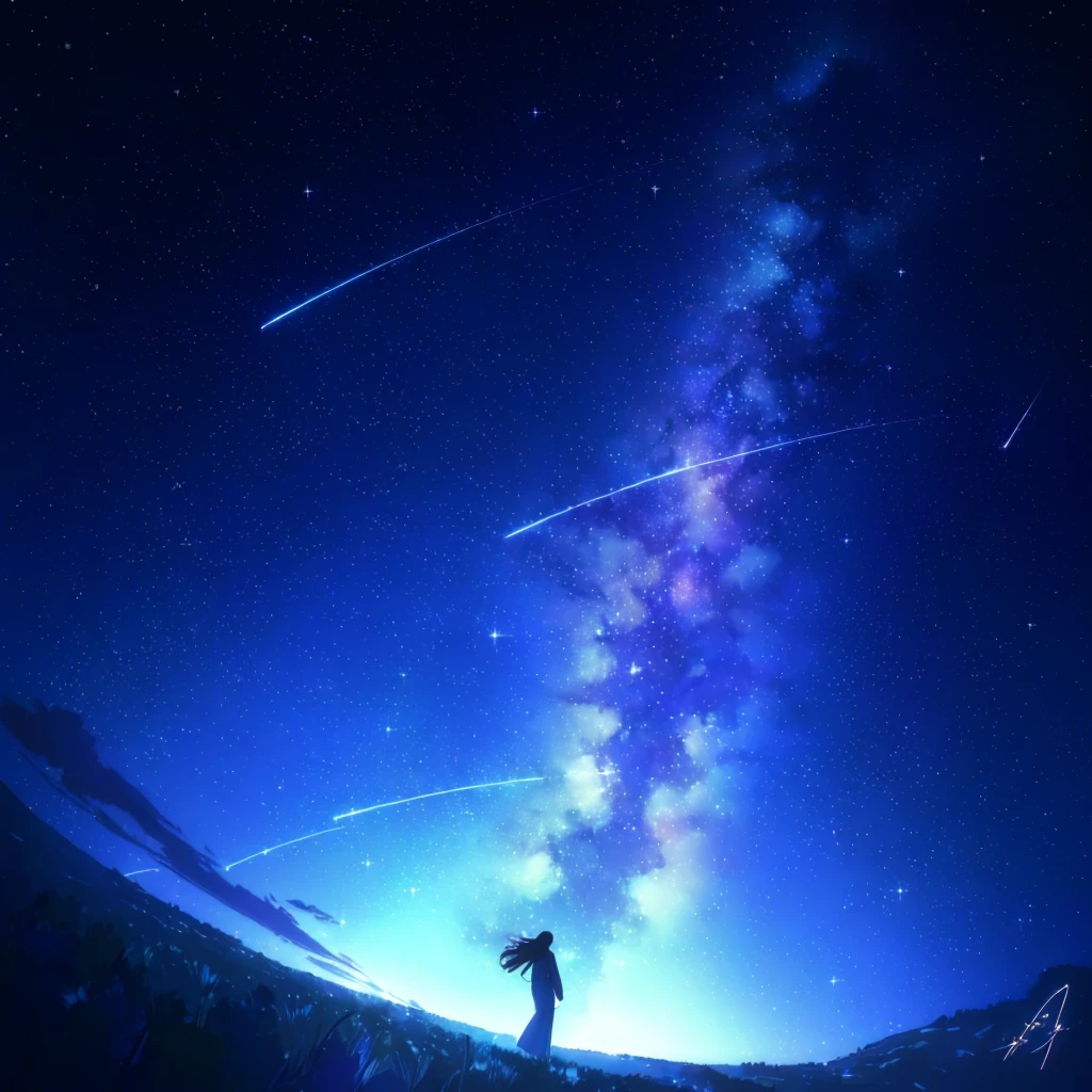 starry night sky with a person standing on a hill looking at the stars, cosmic skies. by makoto shinkai, star(sky) starry_sky, anime movie background, 4k anime wallpaper, starry sky 8 k, beautiful wallpaper, starry sky, amazing wallpaper, anime wallpaper 4k, anime wallpaper 4 k, makoto shinkai!