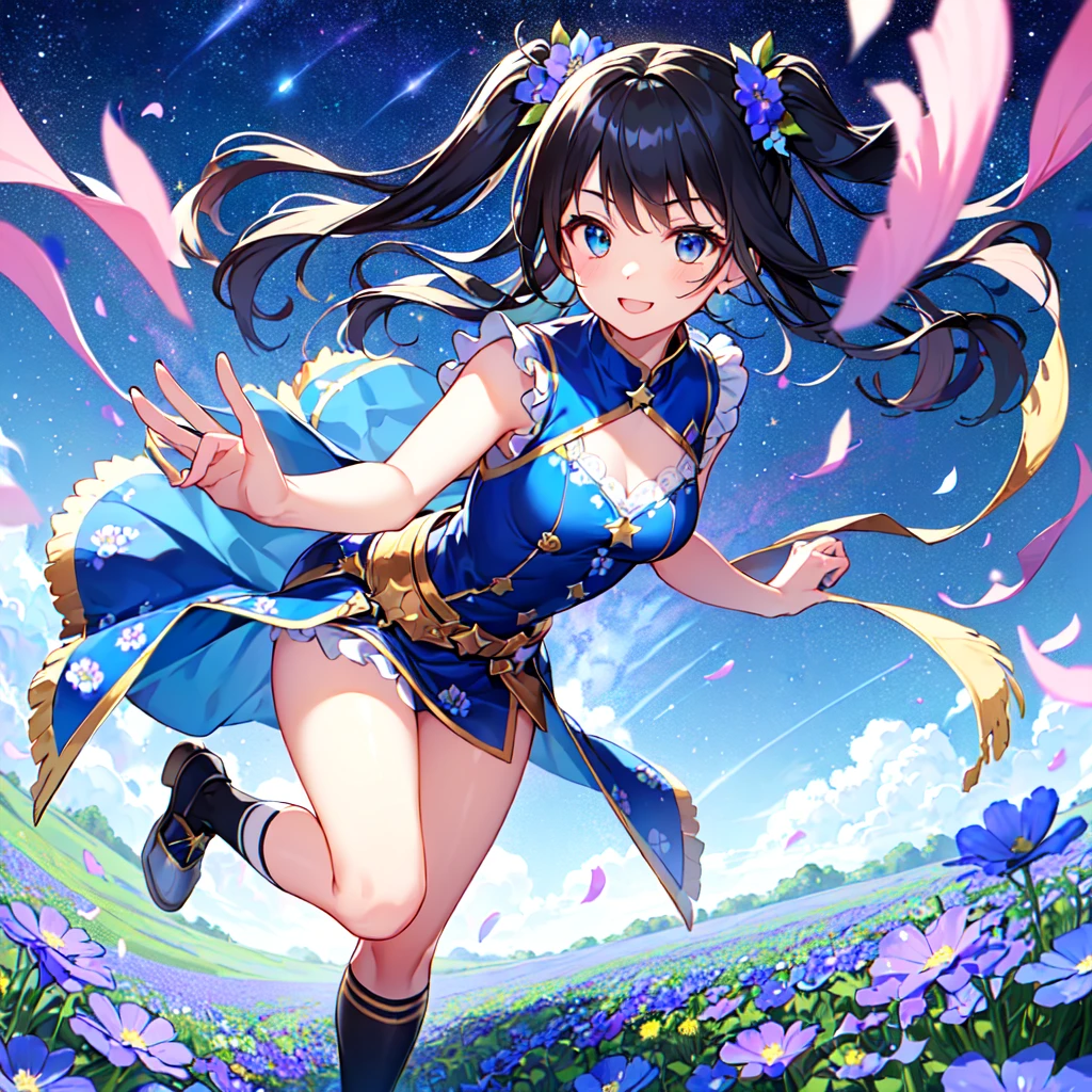 MASTERPIECE, best quality, high quality, extremely detailed, very delicate and beautiful, (1 female 18 years old, solo: 1.2), (dark blue hair long, two side up to waist: 1.4), fringes to eyebrows, eyes Sharp eyes, strong glossy glossy eyes, glossy eyebrows, (dark blue eye colour:1.3), 6.5 head height, (southern star flower print fashion:1.3), knee socks, frills, lace, (smiling), (running), (dynamic pose), (background southern star flower field:1.5), ( night sky Milky Way:1.3)