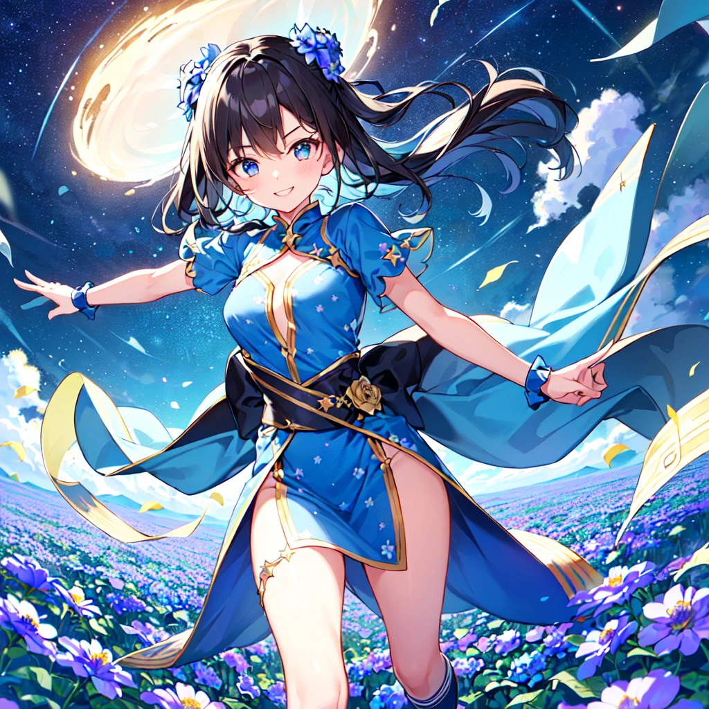 highest quality, Super quality, 16k, , Very detailed, Cyberspace、delicate and dynamic, Blue cheongsam、Big blue ball with mechanical mechanism and gears、Deep Blue Pac-Man