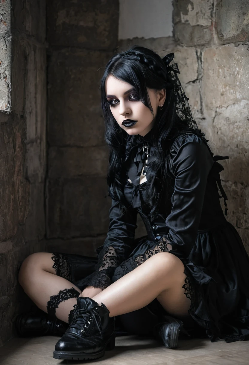 Gothic girl sitting in a corner