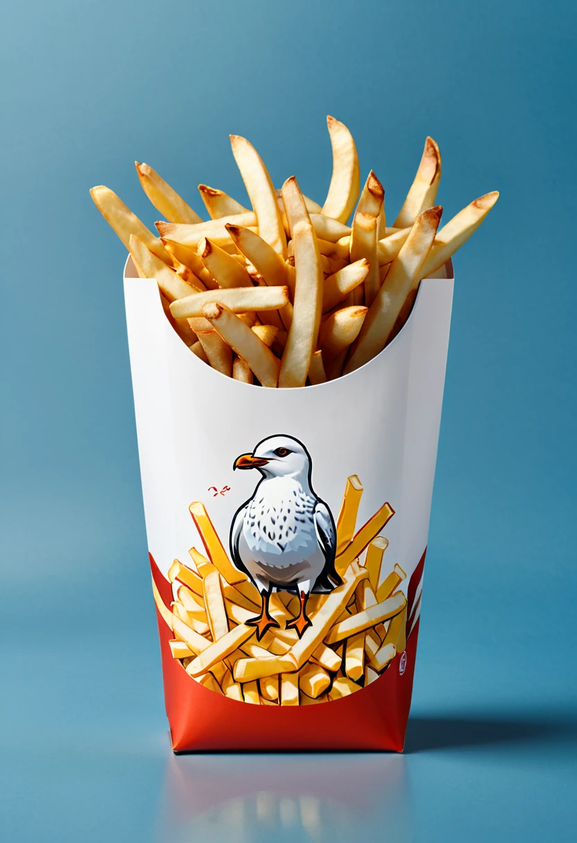 Modern packaging design, Fries packaging, (Seagull in Fries restaurant), illustration, simple background, HD resolution, simple style, actual, Natural light, (masterpiece, best quality, Professional, perfect composition, very aesthetic, absurdres, ultra-detailed, intricate details:1.3)