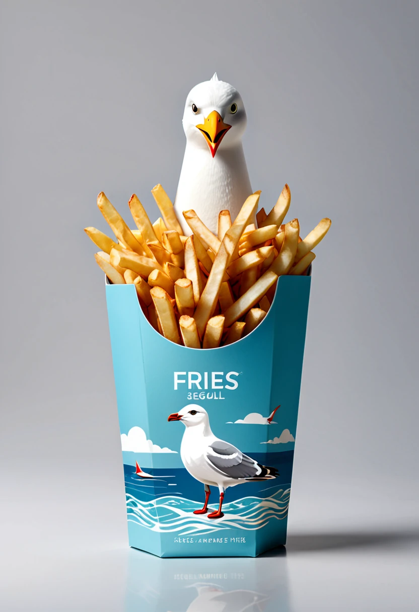 Modern packaging design, Fries packaging, (Seagull in Fries restaurant), illustration, simple background, HD resolution, simple style, actual, Natural light, (masterpiece, best quality, Professional, perfect composition, very aesthetic, absurdres, ultra-detailed, intricate details:1.3)