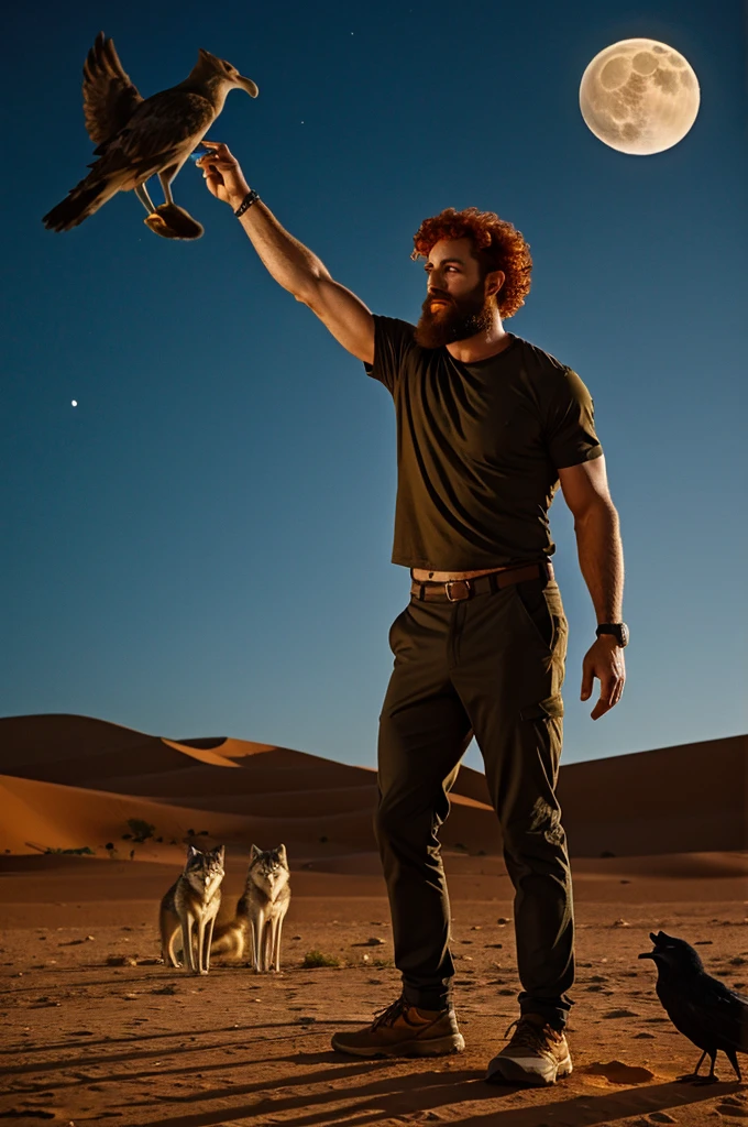 A fit man with curly orange hair and French cut beard with a sowrd in his hand in the desert with blue night sky and a full moon and some wolf pack beside him and 3 night birds are flying randomly 
