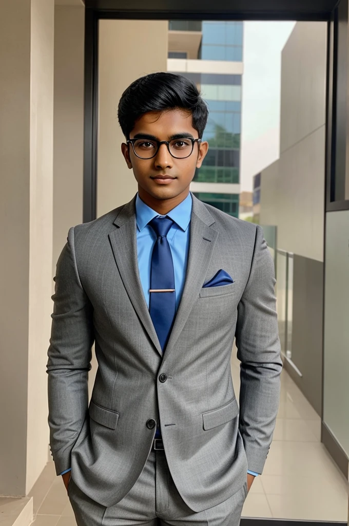 21 year old indian boy With fair skin Wearing spectacles and narrow body Posing for a linkedin picture in formals