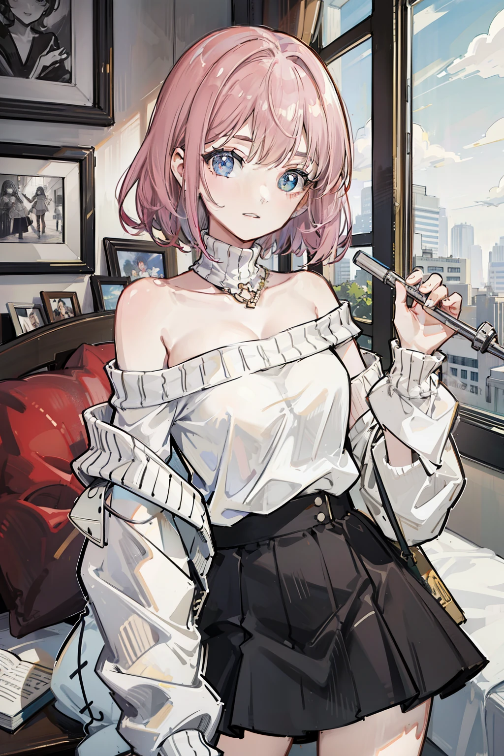 ((best quality)), ((masterpiece)), (detailed), 1 Girl, Off-shoulder sweater,