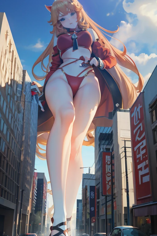 GTS, giantess, Giant Girl 50,000 km high,Have a pair of long legs,very long legs, Have a pair of huge breasts,Wearing a red bikini,Waist length blonde hair,Loose hair,Wear a pair of Mary Janes,Blonde curly hair,full of enjoyment,Stand still in a crowded city, vandalism,It seems to be an invincible existence,beautiful appearance,Sophisticated makeup,quality,8K,High quality,(Governor:1.5),Perfect proportion, theater lighting,film grain,Fuji Colors,8K,textured skin,Super detailed,high detail,high quality,High resolution,Fake laugh,morning,Perfect body ,Full body image