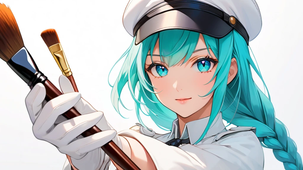 Female, woman, mature, Beautiful, Humble, Kind, long hair upper waist Stright Braided Hairstyles, Aqua blue pupil eyes colour, bright cyan Hairs, leather white wear Newsboy Cap, white dress flowing with skirt, wear leather white female gloves, holding small brush, Anime style, vivid colours, (White backgrounds:1.1), Correct the number of fingers.