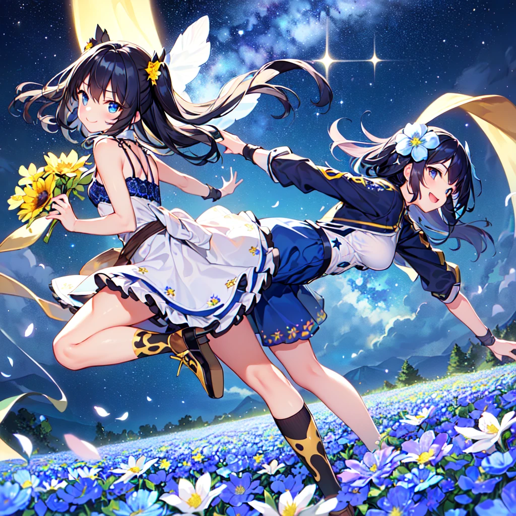 MASTERPIECE, best quality, high quality, extremely detailed, very delicate and beautiful, (1 female 18 years old, solo: 1.2), (dark blue hair long, two side up to waist: 1.4), fringes to eyebrows, eyes Sharp eyes, strong glossy glossy eyes, glossy eyebrows, (dark blue eye colour:1.3), 6.5 head height, (southern star flower print fashion:1.3), knee socks, frills, lace, (smiling), (running), (dynamic pose), (background southern star flower field:1.5), ( night sky Milky Way:1.3)