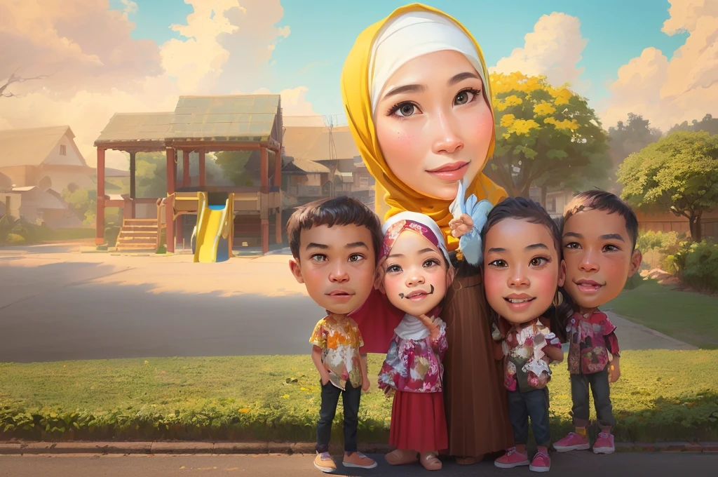 cartoon of a family of four standing in front of a playground, Woman wearing hijab,And wear a long skirt, caricature illustration, in cartoon style, caricature style, digital art cartoon, potrait, cartoon digital art, cartoon digital painting, cartoon portrait, realism artstyle, realistic cartoon, cartoon artstyle, an indonesian family portrait, charicature, cartoon art, cartoon style illustration, children, by Abidin Dino