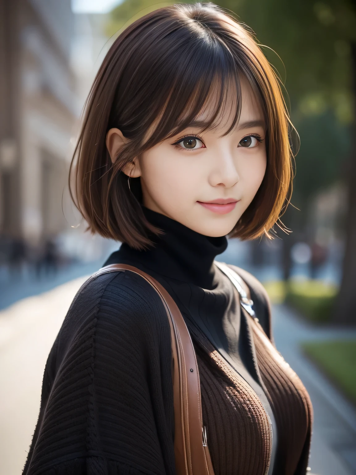 masterpiece, best quality, ultra-detailed, intricately detailed hyperdetailed, realistic, sharp features, highly detailed, sharp focus, 20 years old, Japanese,idol, perfect face, perfect face, perfect symmetrically perfect eyes, perfect full lips, flexible female form, film light, hyper detailed, hyper realistic, high resolution, vibrant, dynamic studio lighting, short hair, Brown Hair, Shoulder Length Layered, asymmetrical bangs, brown Eyes, (Impish Smile:1.2), cowboy shot, (black knit)