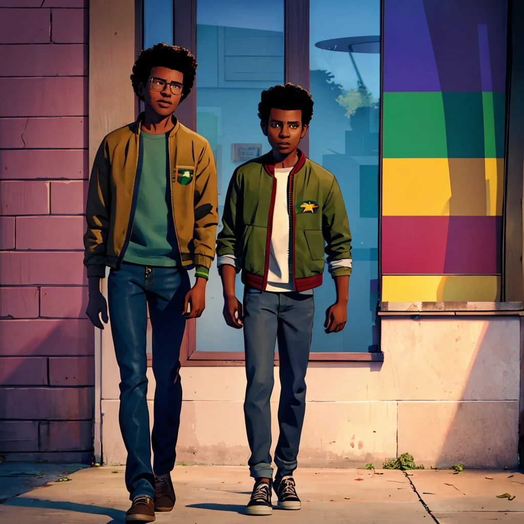 15 years old. Resemblance to Richard ayoade but young, casual clothing shoes, light brown jeans. Short low very shirt low hair, no glasses, jacket, Jamaican flag in jacket  sleeve