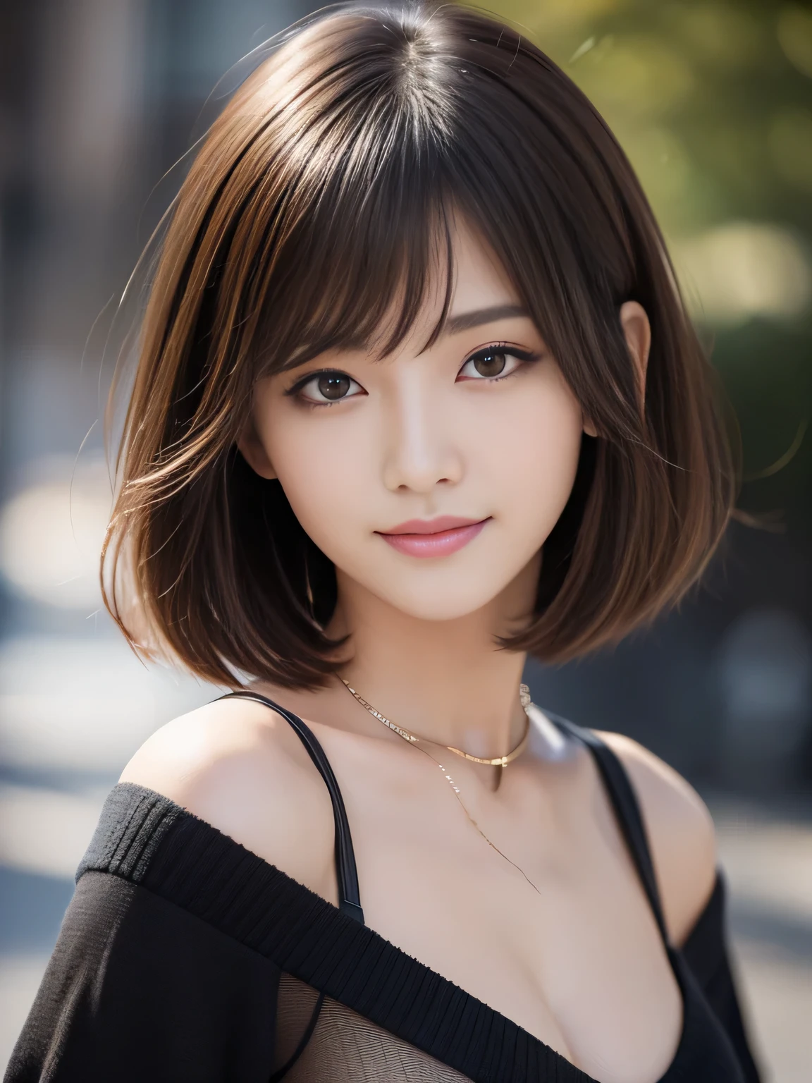 masterpiece, best quality, ultra-detailed, intricately detailed hyperdetailed, realistic, sharp features, highly detailed, sharp focus, 20 years old, Japanese,idol, perfect face, perfect face, perfect symmetrically perfect eyes, perfect full lips, flexible female form, film light, hyper detailed, hyper realistic, high resolution, vibrant, dynamic studio lighting, short hair, Brown Hair, Shoulder Length Layered, asymmetrical bangs, brown Eyes, (Impish Smile:1.2), cowboy shot, (black knit)