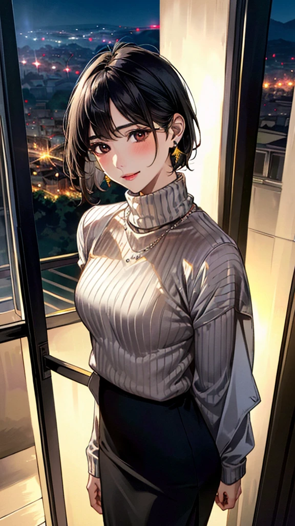 (masterpiece:1.3, Highest quality, Ultra-high resolution, Super detailed), (Realistic, photoRealistic:1.4), Beautiful illustrations, (Natural Side Lighting, Cinema Lighting), colorful, Depth of written boundary,
Beautiful detailed hair, Beautifully detailed face, Beautiful fine details, Beautiful clavicle, Beautiful body, 美しいLarge Breasts, Beautiful thighs, Beautiful feet, Beautiful fingers,
View Viewer、Front view:0.8, Beauty1人, Japanese, Beauty、30 years old, Perfect Face, (Perfect Anatomy, Anatomically correct), Cute and symmetrical face, , , Shiny skin,
((Open Court、Trench coat 1.4)), (Turtleneck sweater:1.4), (Long skirt 1.5)
(Black Hair, Short Hair:1.4), Dark brown eyes, (Large Breasts), Slim body,
necklace, (Small earrings:1.3),
(Beautiful views), (night), (city, cityscape in the distance), Standing with good posture, A soft smile、(Smile, Lips parted),