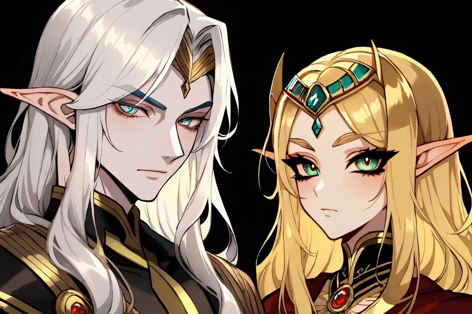 (masterpiece),(highest quality),highres, (extremely detailed), ultrahires, (yellow skin 1.5), altmer, pretty boy, male, anime guy, anime boy, soft features, dollish eyelashes, portrait, long wavy hair, smoky eyes, egyptian eyeliner, ostentatious brocade robes, glamorous, gorgeous, stunning eyes, jewelry, veils, high elf, golden skin,