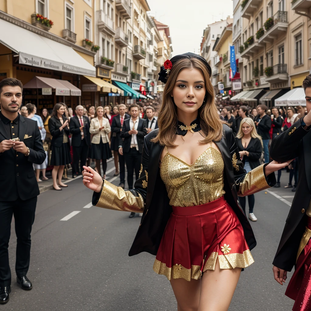 A beautiful girl dancing, traditional dance. She wears an elaborate traditional costume: black jacket decorated with sequins and flower designs with gold glitter, (((black petticoat with red))) ((red skirt with gold decorations)). Elegant long gloves and blacks. black shoes. seductive body, blonde, blue eyes. Women in costumes dance in front of a crowd. beautiful costume, traditional costume, folklore, traditional clothing, luxuriously dressed, still stylish, elaborately dressed. Background of a street, parade, Tirana festival, crowd. Detailed faces, detailed body.