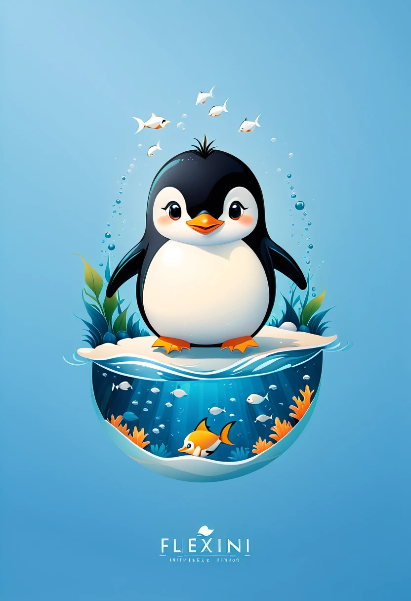 Vector art minimalist logo illustration cute little penguin，There is a bunch of small fishes next to the feet vector art type, detailed, Beautiful artistic rendering in clean minimalist cartoon style