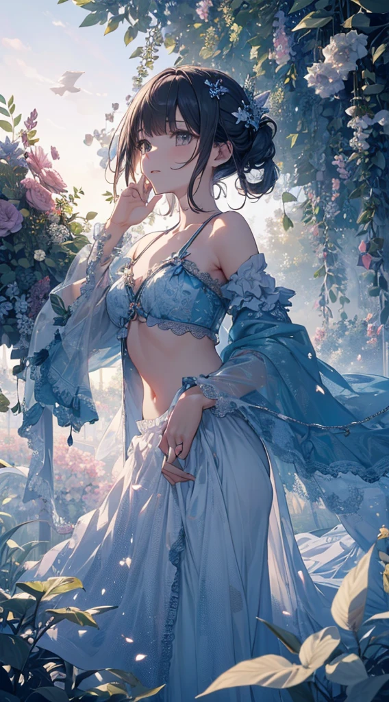 (Very detailed, Highest quality), floating, A very delicate and beautiful dreamlike scene.,, , [(One girl),(Long purple hair), Detailed face, Neck ribbon, elegant blue dress, Standing on the Clouds, (Wide Shot), (Mysterious atmosphere):1.5],, , [(Butterfly Wings),(Fluffy cat),(bouquet),(fairy tale), (sunlight),(Soft Light),(pastel colour),(Sparkling):0.8]