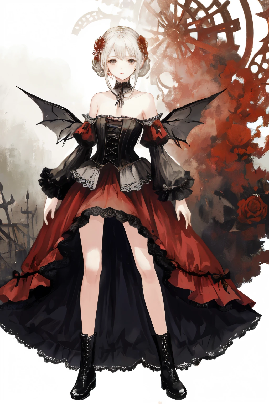 ((best quality)), ((masterpiece)), (detailed), 1girl, Character design, female, dynamic poses, long white grey hair, grey white eyes, very skinny, detailed, best quality, no accesoires around the neck, no shoes, prominent collarbones, skinny arms, flat stomach, visible hip bones, full body, blank white background, plain background, white background, red and white clothing, Bloodborne inspired, occult aesthetic, occult, detailed and intricate steampunk and detailed gothic, NSFW, Very dramatic and cinematic lighting, cosmic horror, grim-dark, side-lighting, perfect face, NSFW, Fluttering lace flared long knee length dress with frilly petticoats, knee length dress, pleated petticoats, petticoats gothic, complex lace boots, side-lighting, gothic aesthetic, wielding a mighty sword with mechanical components, mandalas, small breasts, a fairy, various different types of insect wings, NSFW, full body, whole body, body, plain background, white background, blank background, no background, white background NSFW, chains, full body, whole body, head-to-toe NSFW
