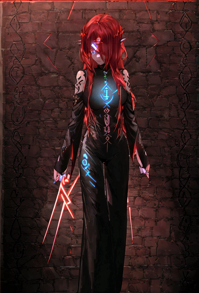 4K high resolution, one female, (((Glowing Rune Tattoos))), black and red hair, princess knight dress and pants, circlet