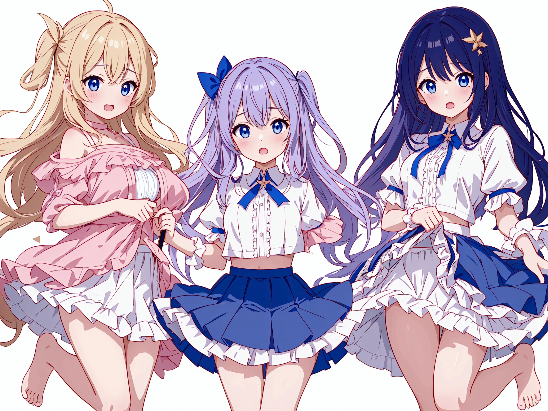 オレンジ色のブラが透けた白無地のTshirt、Plain white with the bra highlightedTshirt、You can see the chest from the neck、Ultramarine and white striped mini skirt、When you lift up her skirt you can see her cute white frilly underwear.、barefoot、library、Three girls of different heights Magical girl with magic wand