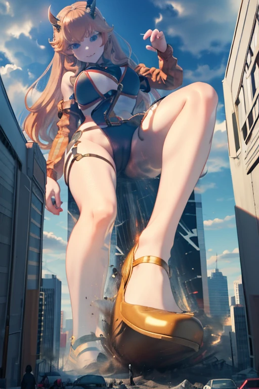  GTS, giantess, Giant Girl 50,000 km high，Have a pair of long legs， long legs, Have a pair of huge breasts，Wearing a red bikini，Waist length blonde hair，Loose hair，Wear a pair of Mary Janes，Blonde curly hair，full of enjoyment，Stand still in a crowded city, vandalism，It seems to be an invincible existence,beautiful appearance，Sophisticated makeup，quality，8K，High quality，(Governor:1.5)，Perfect proportion, theater lighting，film grain，Fuji Colors，8K，textured skin，Super detailed，high detail，high quality，High resolution，Fake laugh，morning，Perfect body ，Full body image


