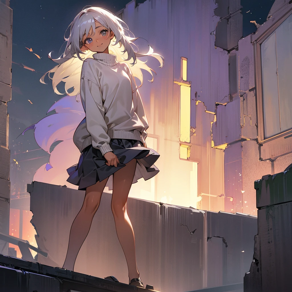 1female, young adult, tan skin, finely detailed lavander eyes, straight medium hair, grey hair, skirt, sweater, standing on ruined building, night time, happy expression