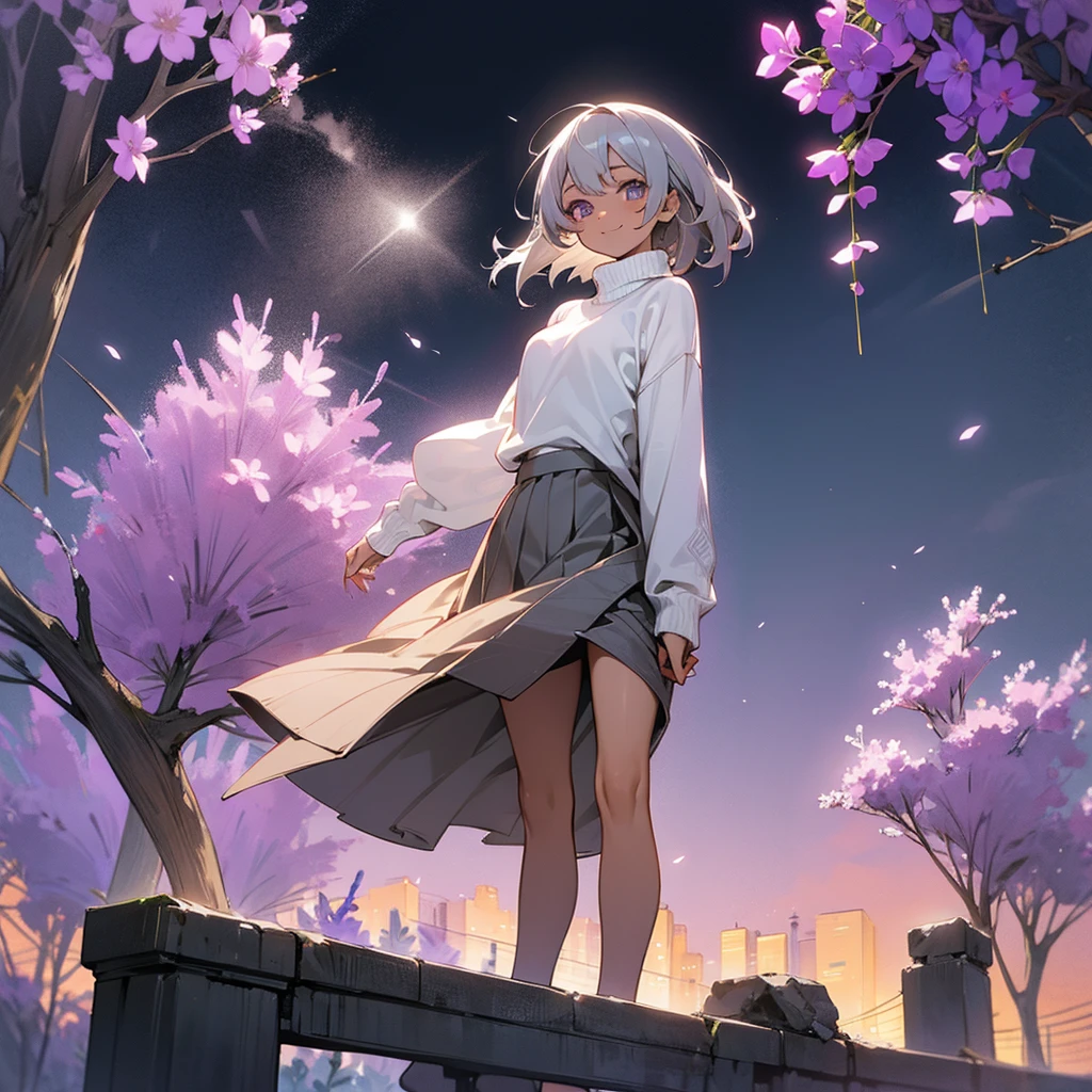 1female, young adult, tan skin, finely detailed lavander eyes, straight medium hair, grey hair, skirt, sweater, standing on ruined building, night time, happy expression