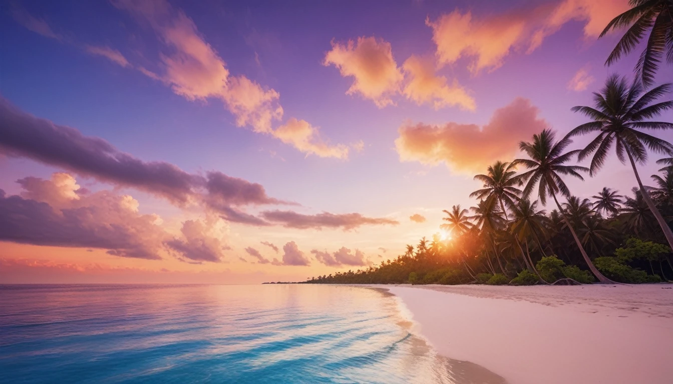 A beach with clear, bright blue water, soft white sand, beautiful coconut trees, a sunset sky with orange-red clouds and a setting sun, blending colors of blue, purple, orange, and red. ultra realistic, ultra clear, ultra detailed, ultra natural, ultra hd, ultra potrait, aesthetic, ultra sharp, pass angle.