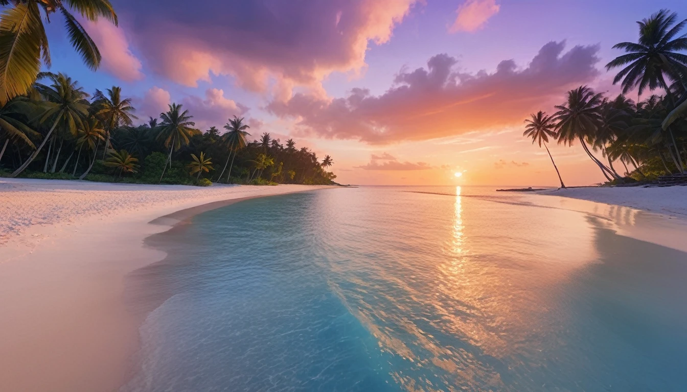 A beach with clear, bright blue water, soft white sand, beautiful coconut trees, a sunset sky with orange-red clouds and a setting sun, blending colors of blue, purple, orange, and red. ultra realistic, ultra clear, ultra detailed, ultra natural, ultra hd, ultra potrait, aesthetic, ultra sharp, pass angle.