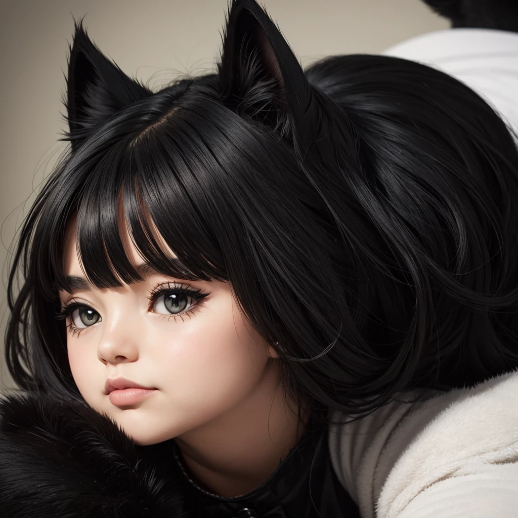 Cute black cat Eyes are plump Looking up