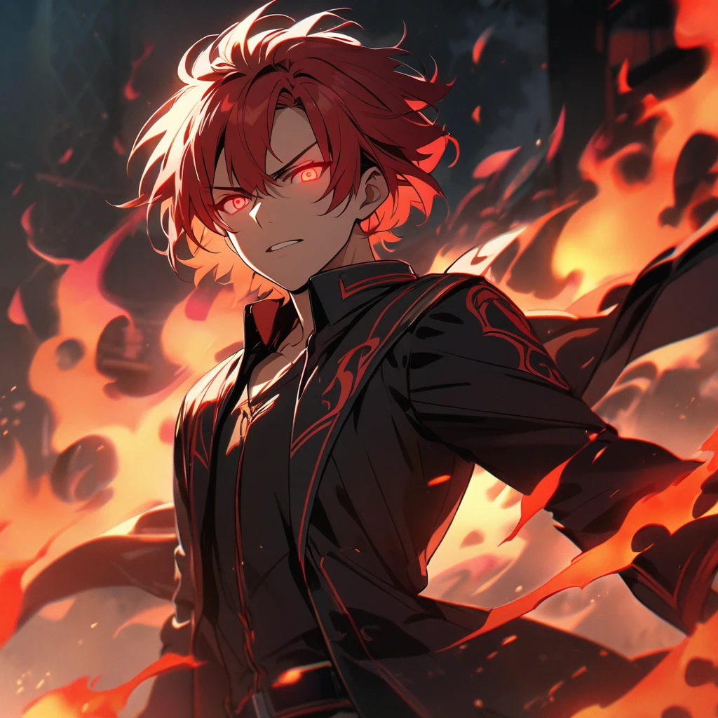 male, handsome, solo, 4K, red hair, short hair, red eyes, glowing eyes, flame, flame aura