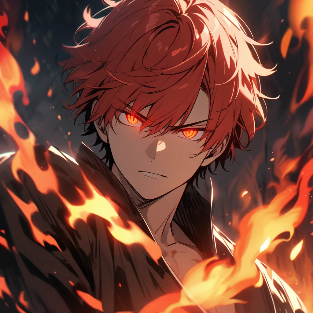 male, handsome, solo, 4K, red hair, short hair, red eyes, glowing eyes, flame, flame aura