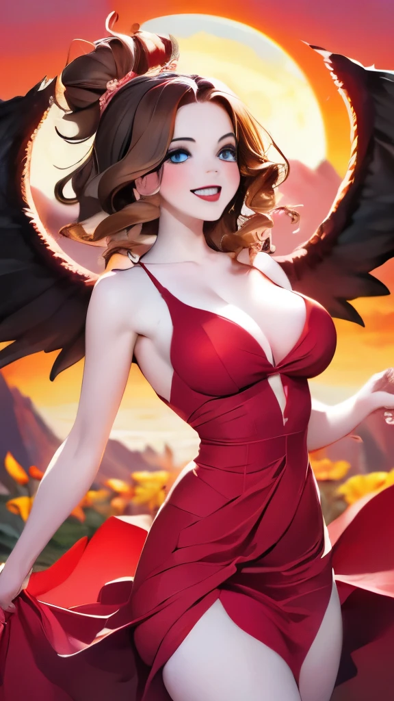 (Masterpiece, best quality: 1.2), a girl with phoenix wings standing in a ring of fire, with glowing red eyes, phoenix, lotus flowers, red gold pink, sunrise from mountain at the background