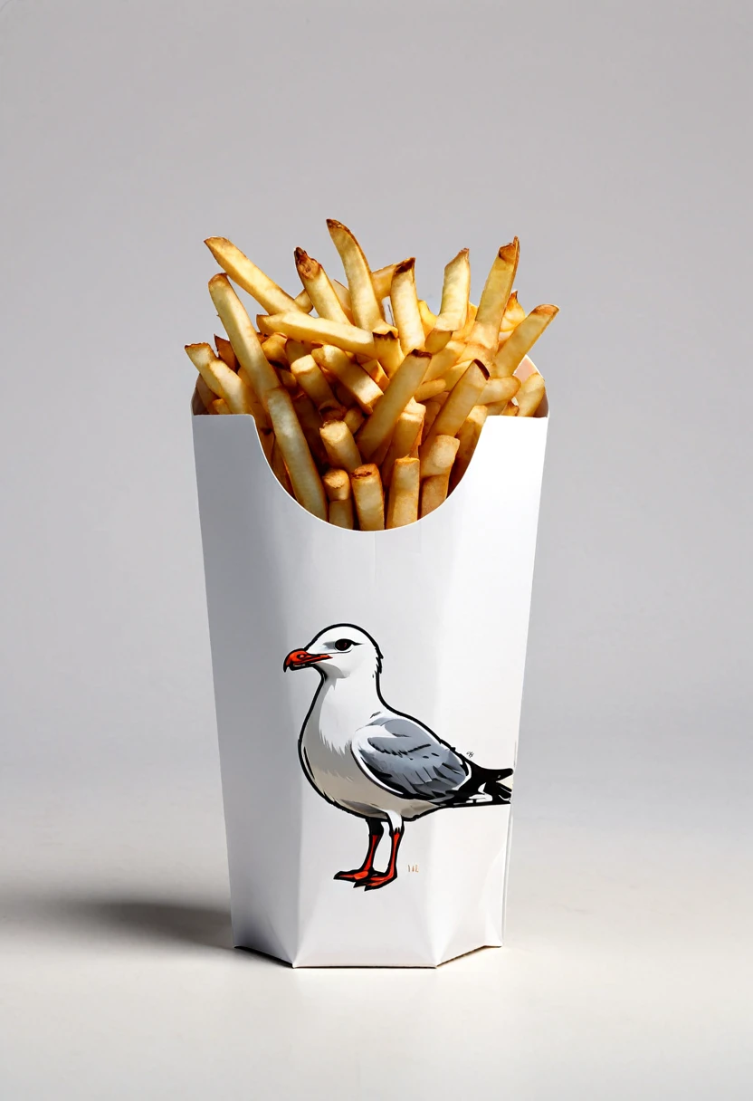 Modern packaging design, Fries packaging, (Seagull in Fries restaurant), illustration, simple background, HD resolution, simple style, actual, Natural light, (masterpiece, best quality, Professional, perfect composition, very aesthetic, absurdres, ultra-detailed, intricate details:1.3)