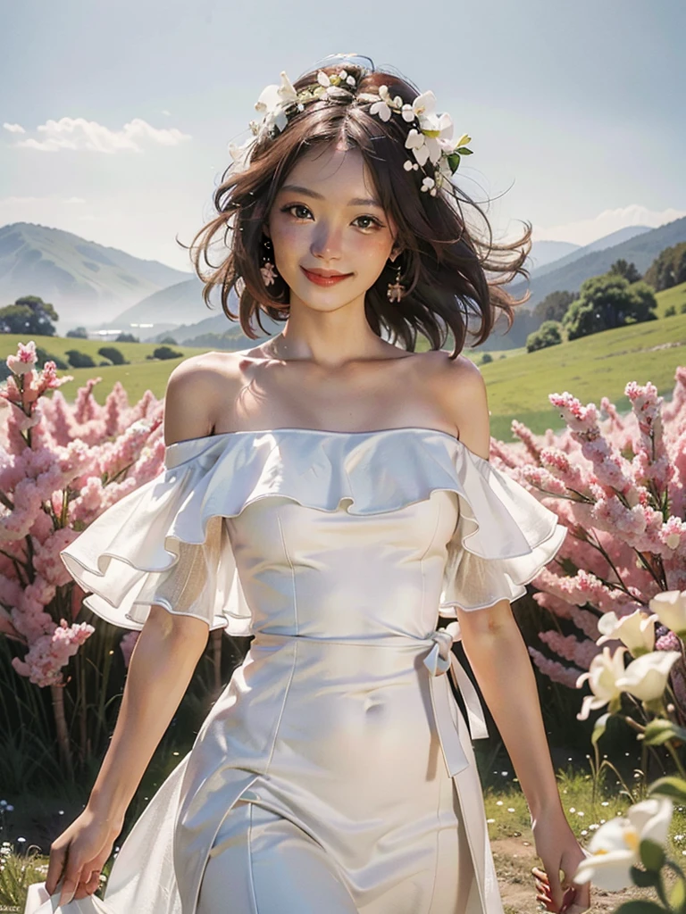 Best quality, masterpiece, ultra high res, (photorealistic:1.4), raw photo, 1girl, white dress, off shoulder, blossom flower field, glowing skin, light smile