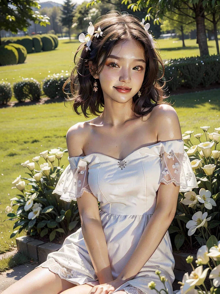Best quality, masterpiece, ultra high res, (photorealistic:1.4), raw photo, 1girl, white dress, off shoulder, blossom flower field, glowing skin, light smile