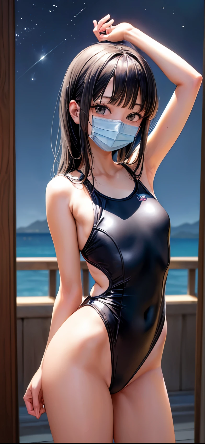 (4K,masterpiece,best quality,ultra detailed),cowboy shot,front shot,((night),room,standing center),((arms behind back)),(solo),(adult lady,28-year-old),japanese,(short,short stature),(skinny,skinny legs,thin legs),small hip,(medium breast),(long hair,straight hair,black hair,forehead,(parted bangs)),(detailed face,detailed black eyes,small eyes,finely detailed fair skin),((smile)),(one piece competition swimsuit),(mouth mask),looking viewer,