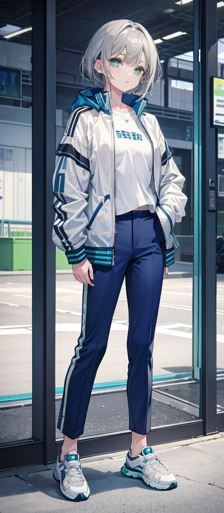Green eyes,Gray hair,White top and jacket,There are traces of blue embellishment。Brown trousers,Blue leg ring on left leg,sports shoes,Girl,flat chest