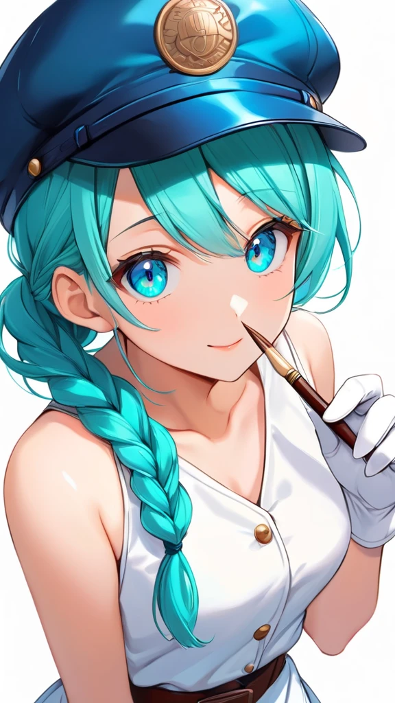 Female, woman, mature, Beautiful, Humble, Kind, long hair upper waist Stright Braided Hairstyles, Aqua blue pupil eyes colour, bright cyan Hairs, leather white wear Newsboy Cap, white dress flowing with skirt, wear leather white female gloves, holding small brush, Anime style, vivid colours, (White backgrounds:1.1), Correct the number of fingers.