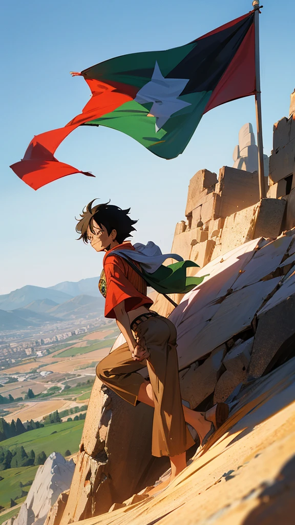 Luffy standing on the top of the mountain holding a palestine flag 