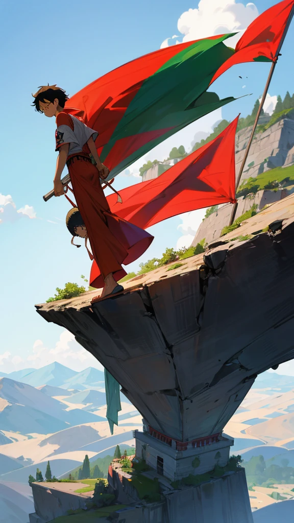 Luffy standing on the top of the mountain holding a palestine flag